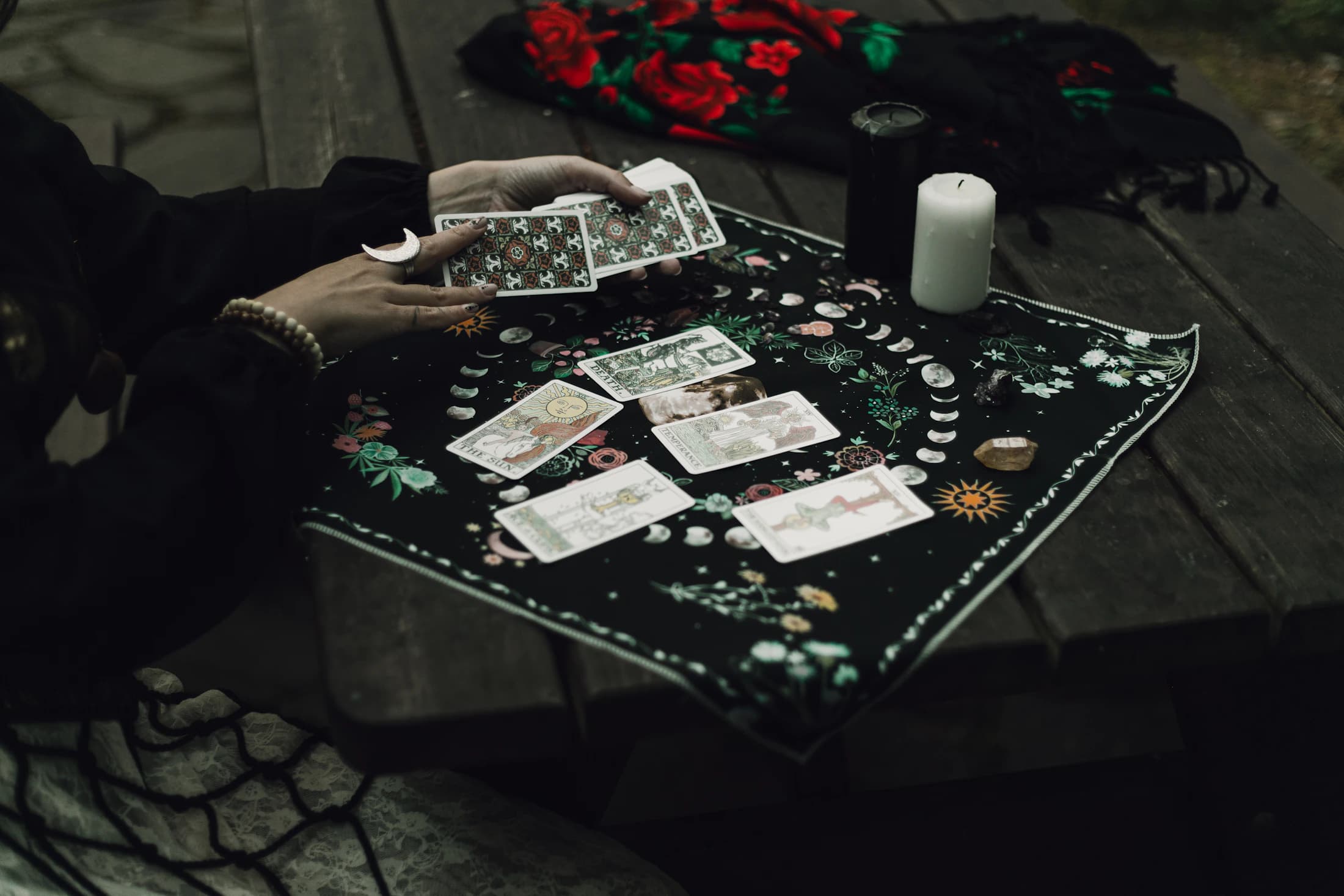 A tarot card spread arranged on a table